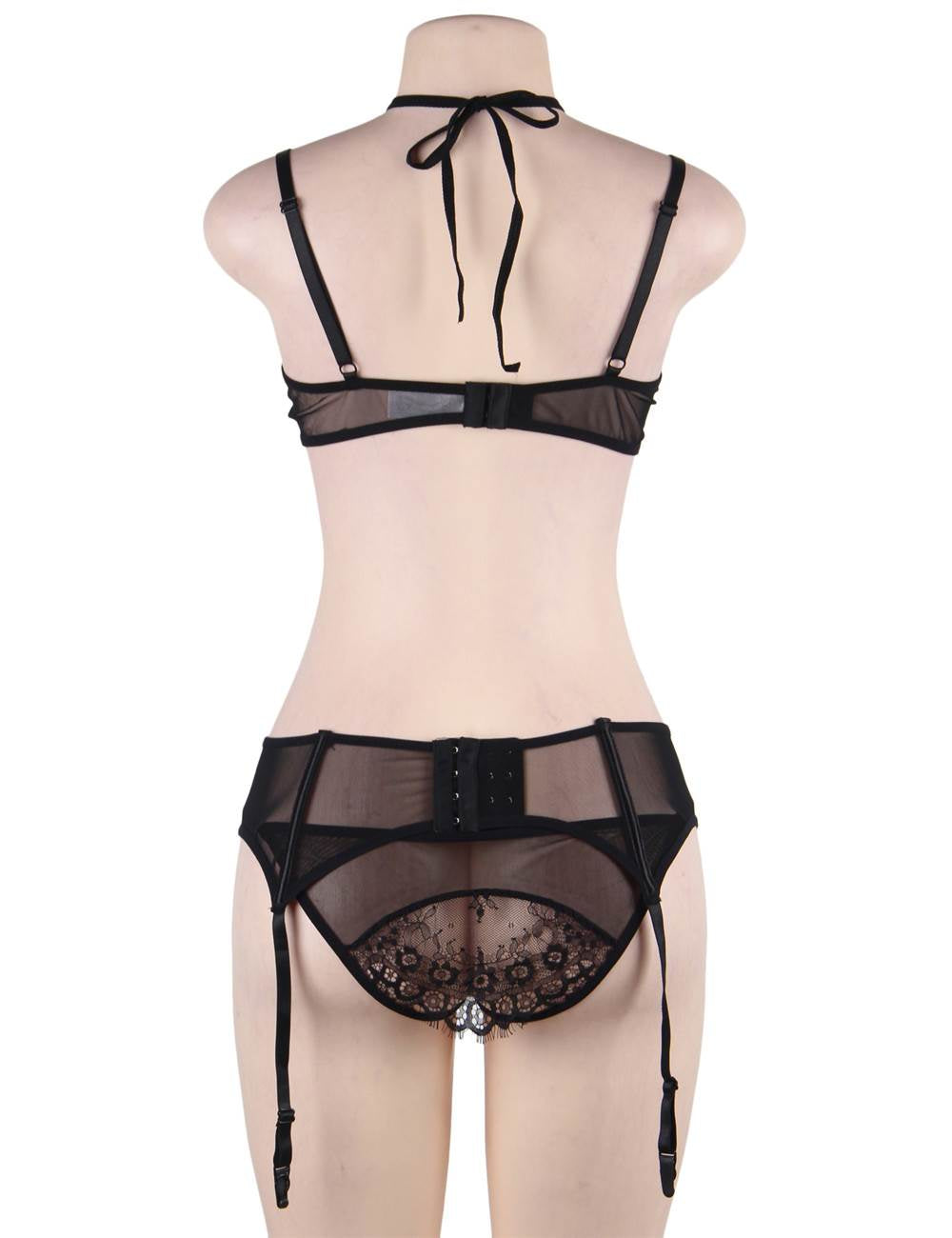 3 Piece Black Mesh Halter Lingerie